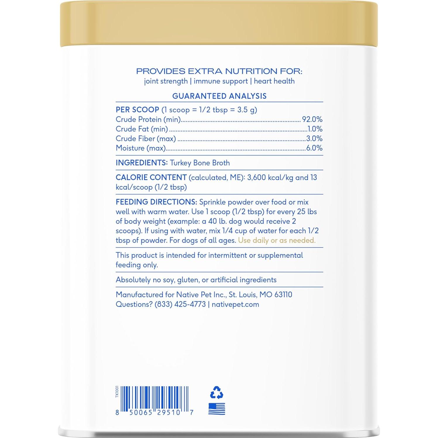 Caldo de Huesos en Polvo Native Pet para Perros y Gatos - 96 Porciones de Pavo
