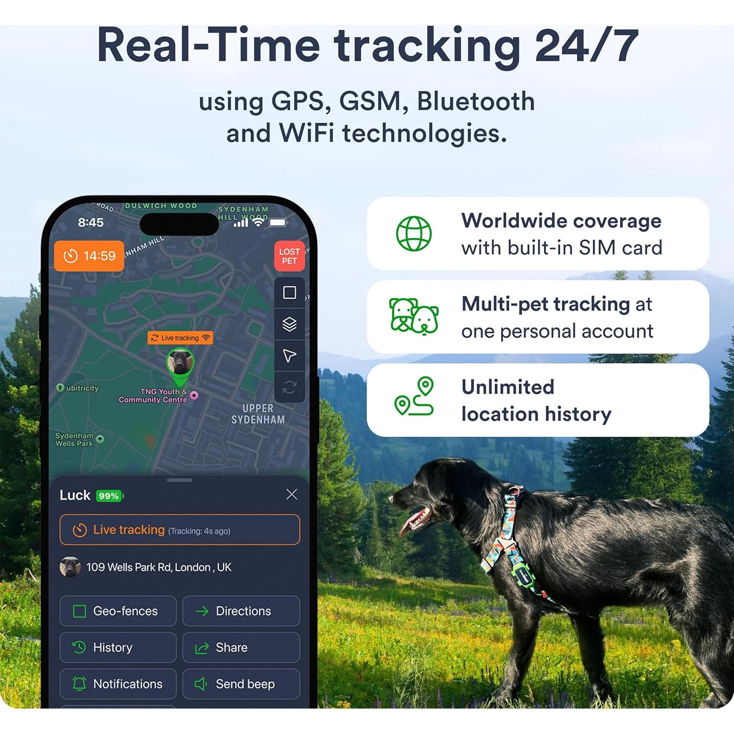 Rastreador GPS para Perros Petloc8 - Impermeable, 7 Días Batería