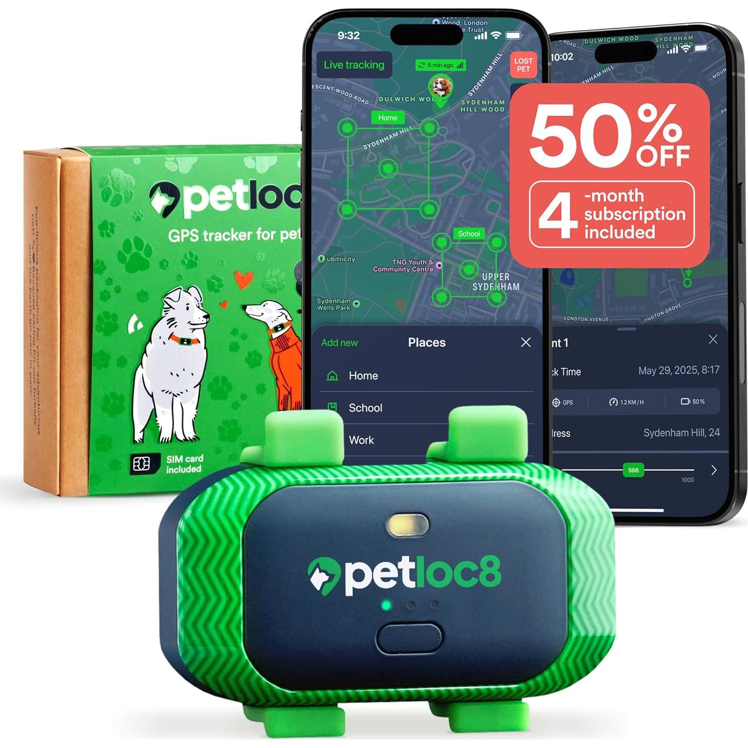 Rastreador GPS para Perros Petloc8 - Impermeable, 7 Días Batería