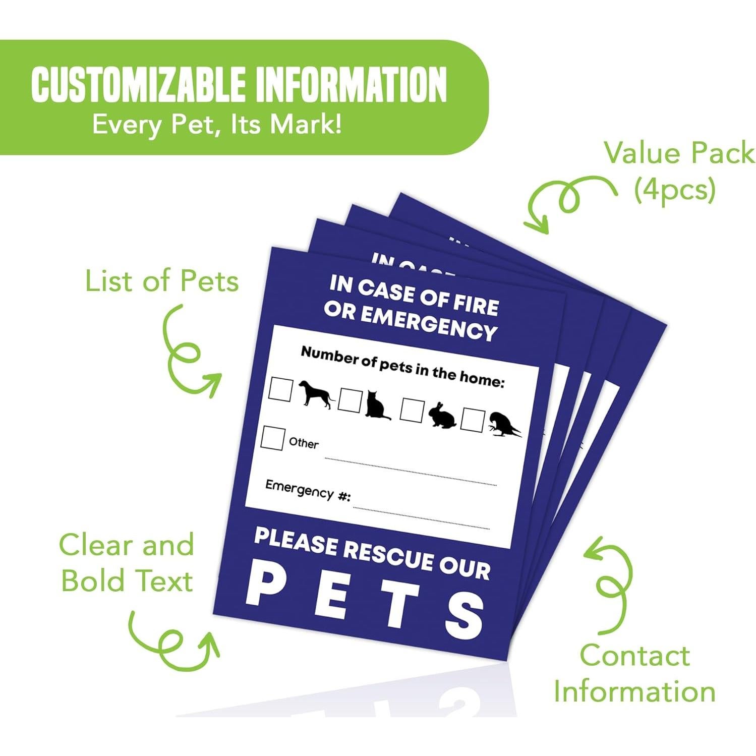 Pet Alert Safety Stickers, at-A-Glance Readable Alert for Firemen, EMT, Police, Saves Vital Seconds, Protects Pets When You’re Away, Sticks to Glass, Metal, Plastic, Wood, 4 Stickers