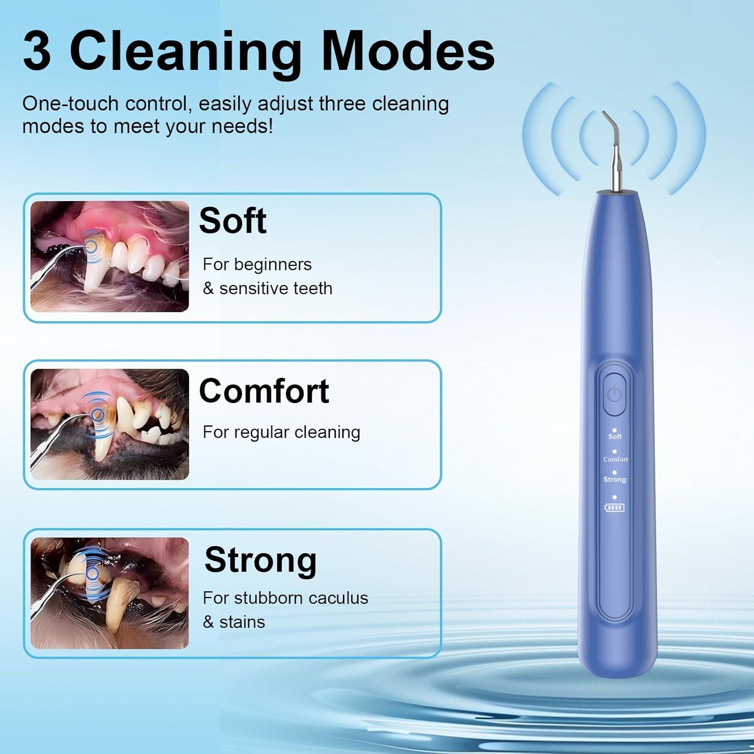 Dog Plaque and Tartar Remover, 3 Modes Ultrasonic Pet Teeth Cleaner with LED Light, Low Noise Sonic Dog Teeth Cleaning Kit, Dogs Plaque Remover Tool with Toothbrush 2 Cleaning Head for Pet Dental Care