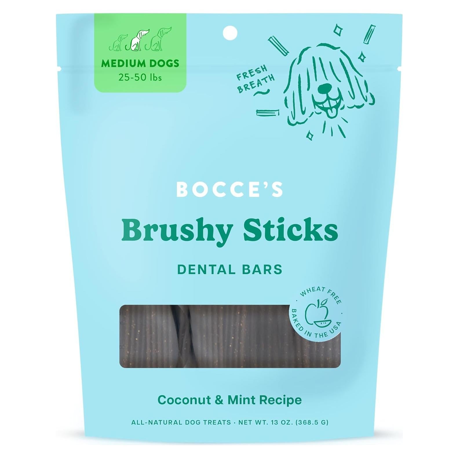 Bocce's Bakery Brushy Sticks Dental para Perros Medianos - Coco y Menta
