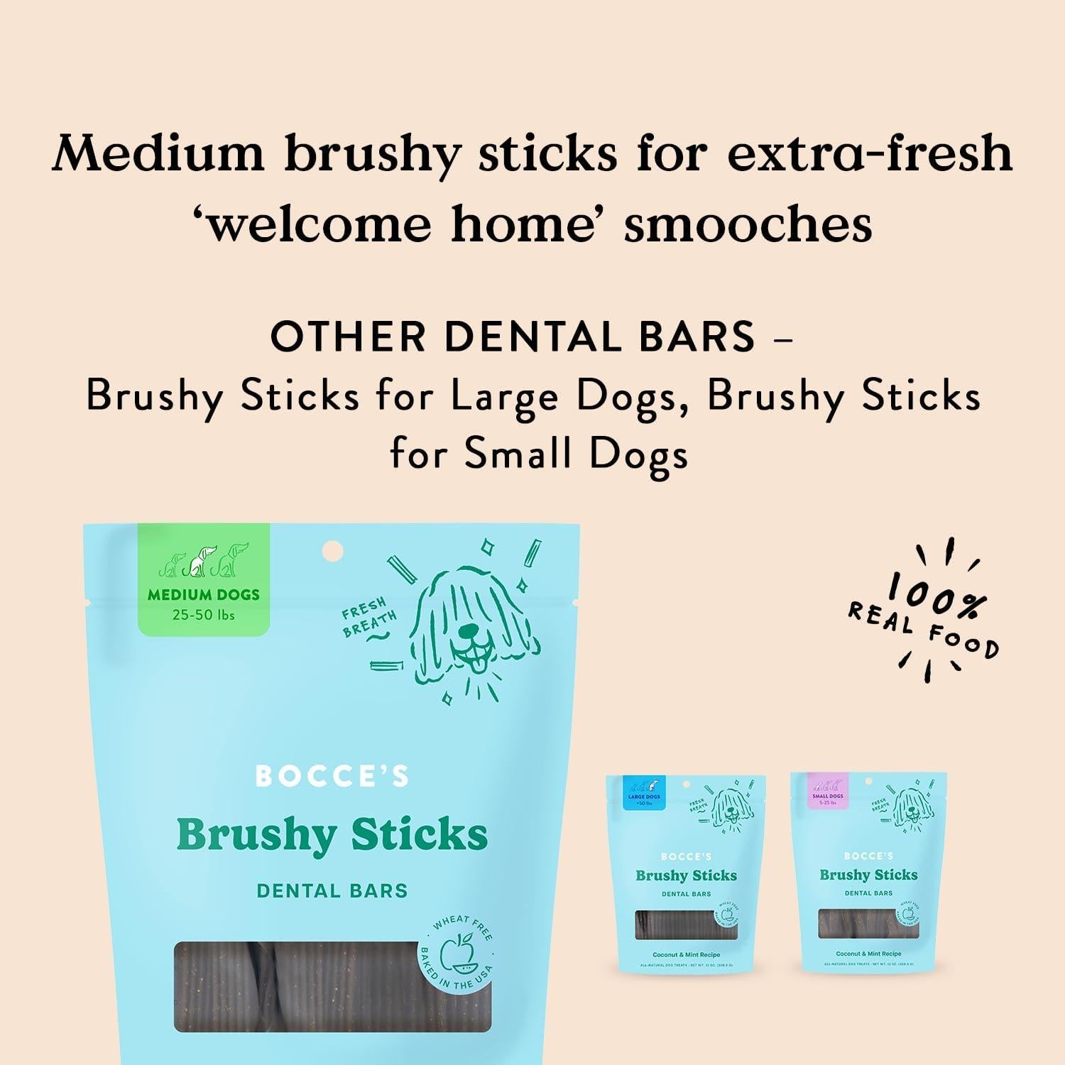 Bocce's Bakery Brushy Sticks Dental para Perros Medianos - Coco y Menta