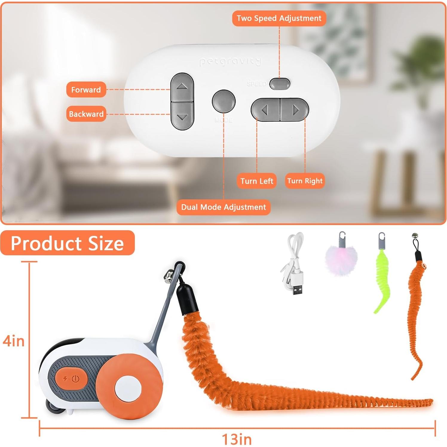 Coche de Juguete Eléctrico para Gatos Teazys Turbo Tail 2.0 Naranja