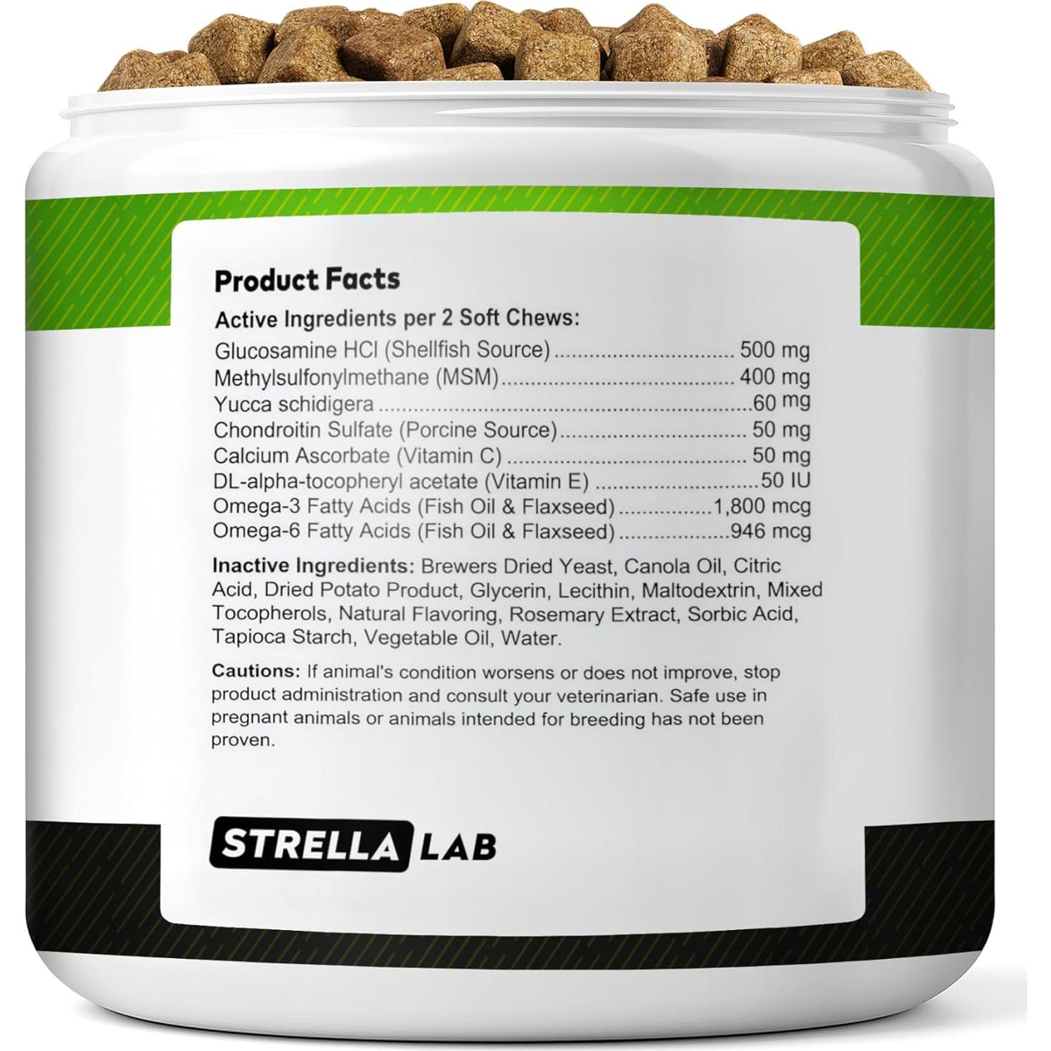 Suplemento Articular para Perros STRELLALAB - Glucosamina y Omega-3 - 120 Masticables Sabor Tocino