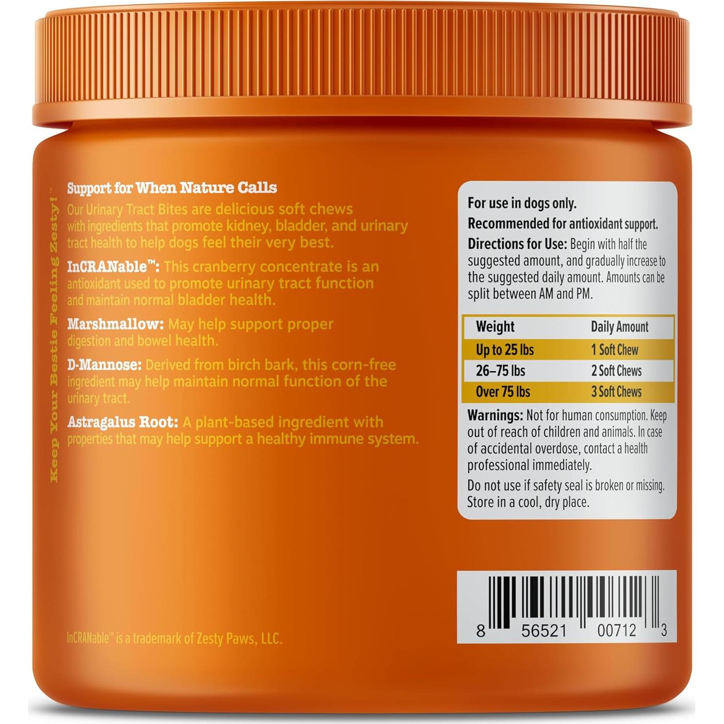 Suplemento de Arándano Zesty Paws para Perros - Control de Vejiga - 90 Masticables de Pollo