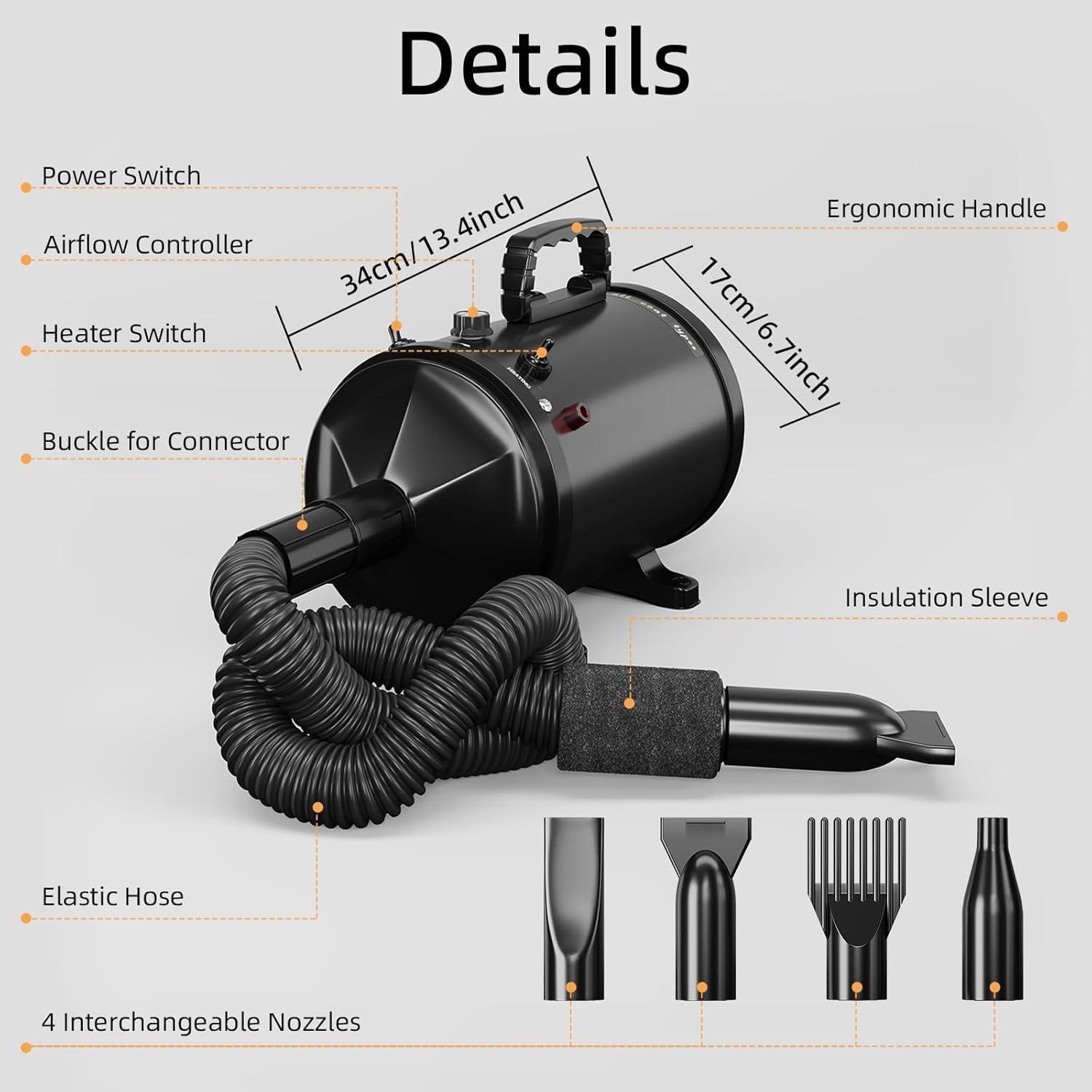 Secador Profesional para Mascotas COTUBLR Negro 4 Boquillas