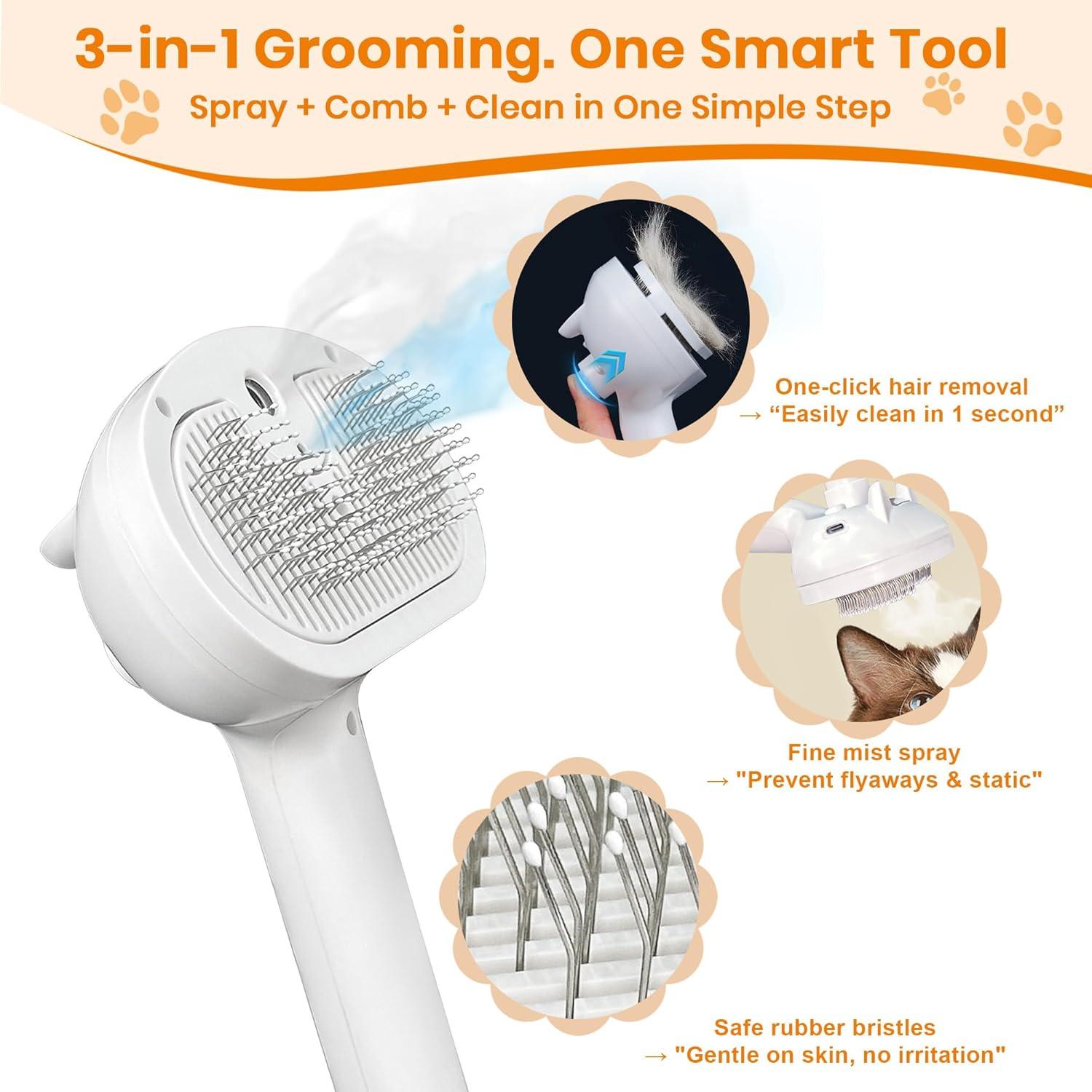 Cepillo de Vapor 3 en 1 Ampux para Gatos y Perros - Gris Blanco