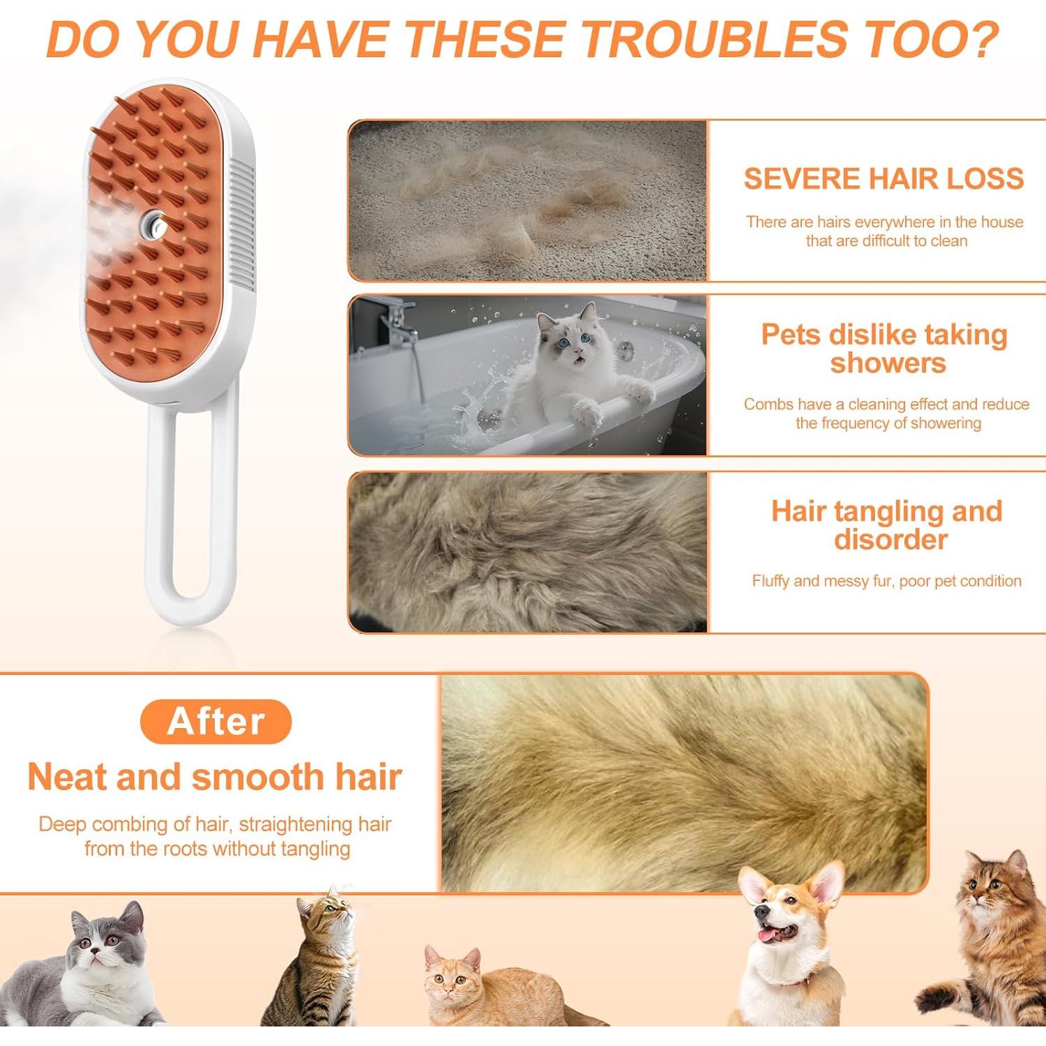 Cepillo de Vapor para Mascotas VVWVVW - 3 en 1 con Champú