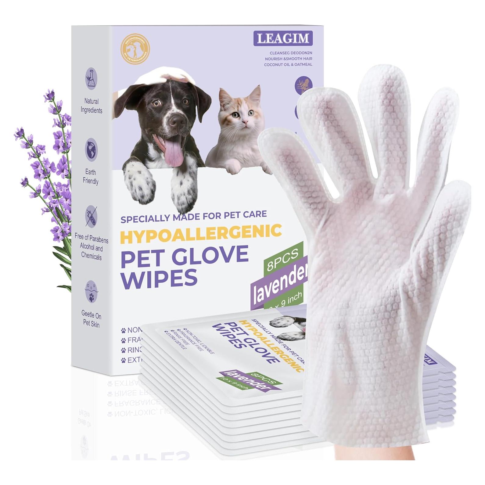 Guantes de Limpieza para Mascotas LEAGIM - Toallitas Lavanda 8 Pzs