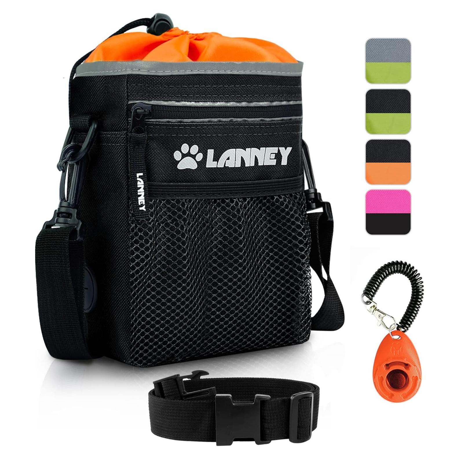 Bolsa de golosinas para perros LANNEY, negra y naranja, con clicker