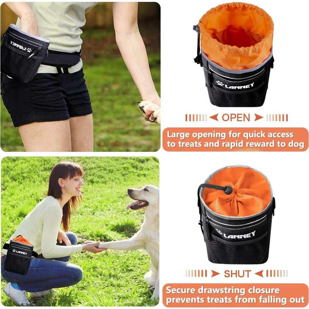 Bolsa de golosinas para perros LANNEY, negra y naranja, con clicker