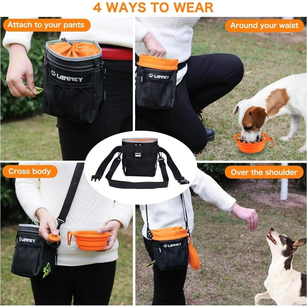 Bolsa de golosinas para perros LANNEY, negra y naranja, con clicker