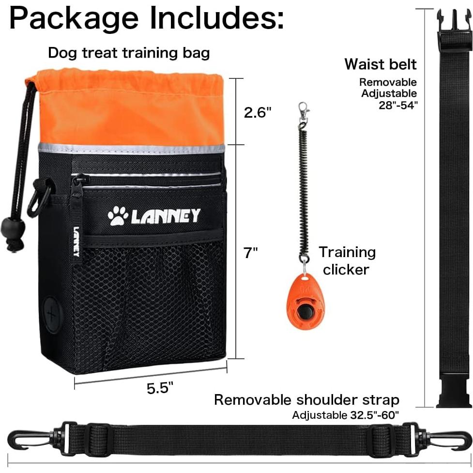 Bolsa de golosinas para perros LANNEY, negra y naranja, con clicker