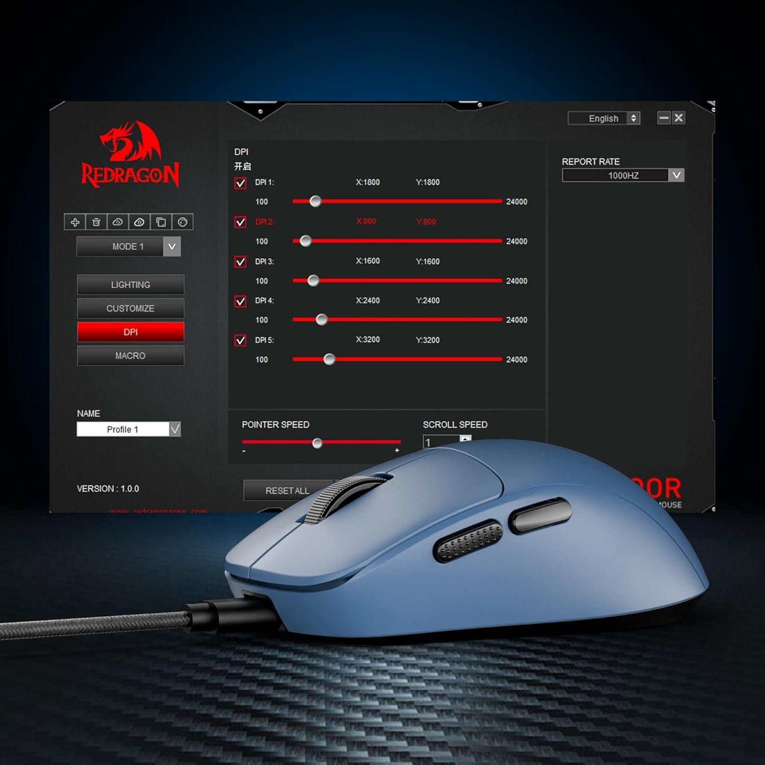 Redragon M817 Ratón Gaming Con Cable 24000 DPI Azul