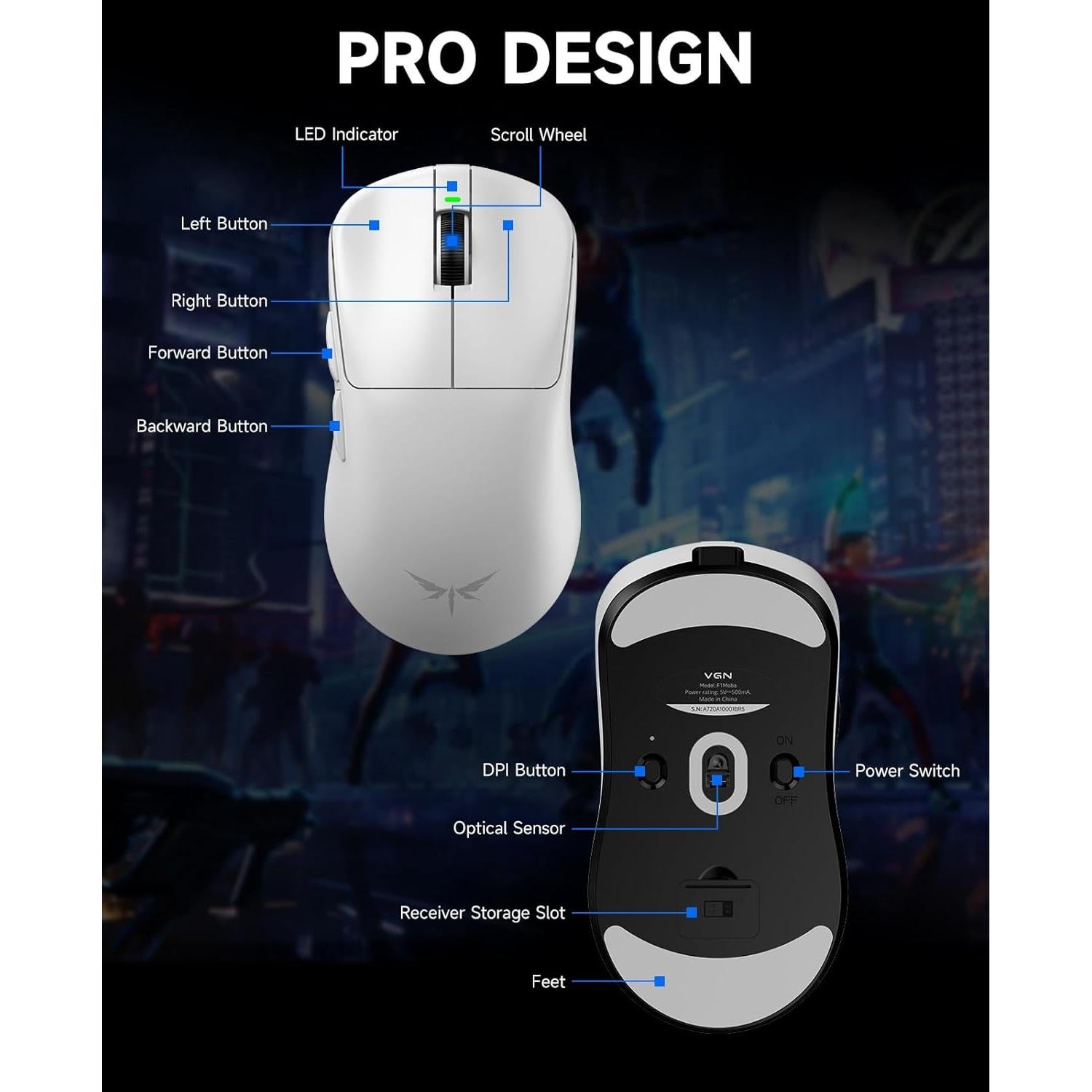 Ratón Gaming Inalámbrico VGN F1 MOBA 26000 DPI 55g Blanco