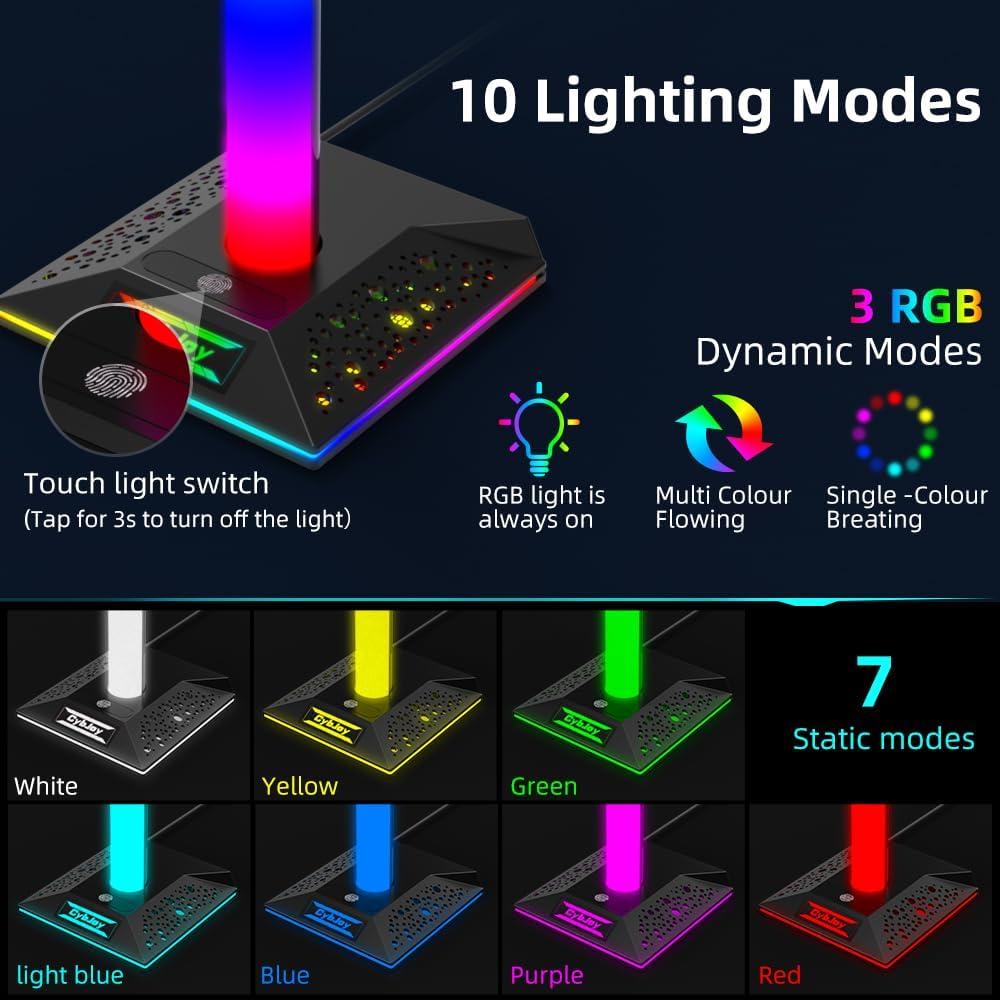 Soporte para Auriculares RGB CybJoy con 2 Puertos USB y 10 Modos de Luz