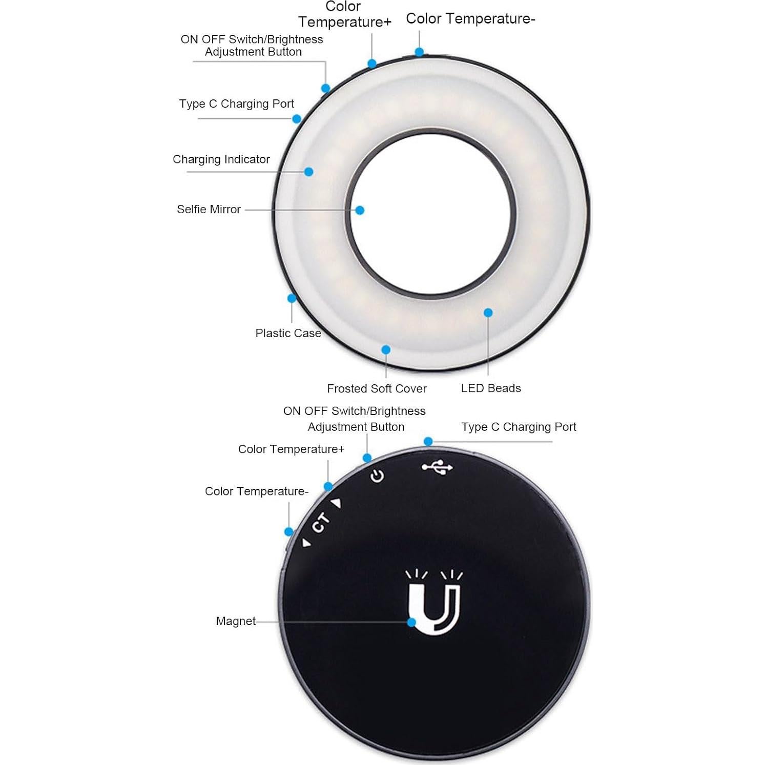 Luz de Selfie LED Magnética Yunseity, 3 Modos, Recargable