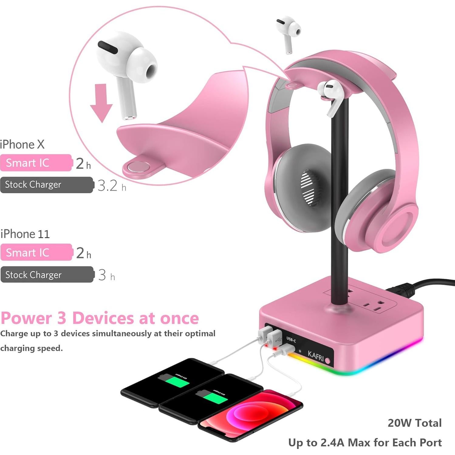 Soporte para Auriculares RGB KAFRI con Cargador USB 3 Puertos