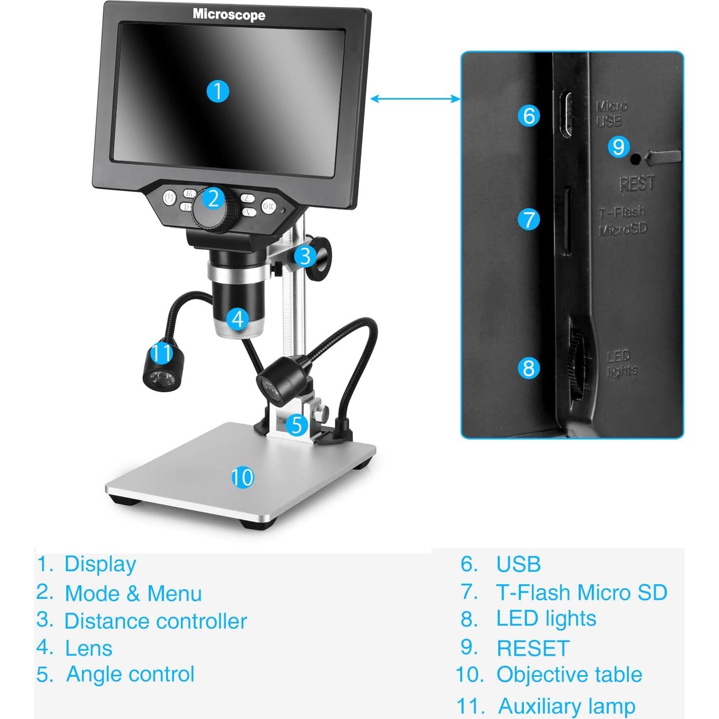 Microscopio Digital Koolertron 7" 12MP USB 1200X con Luz LED