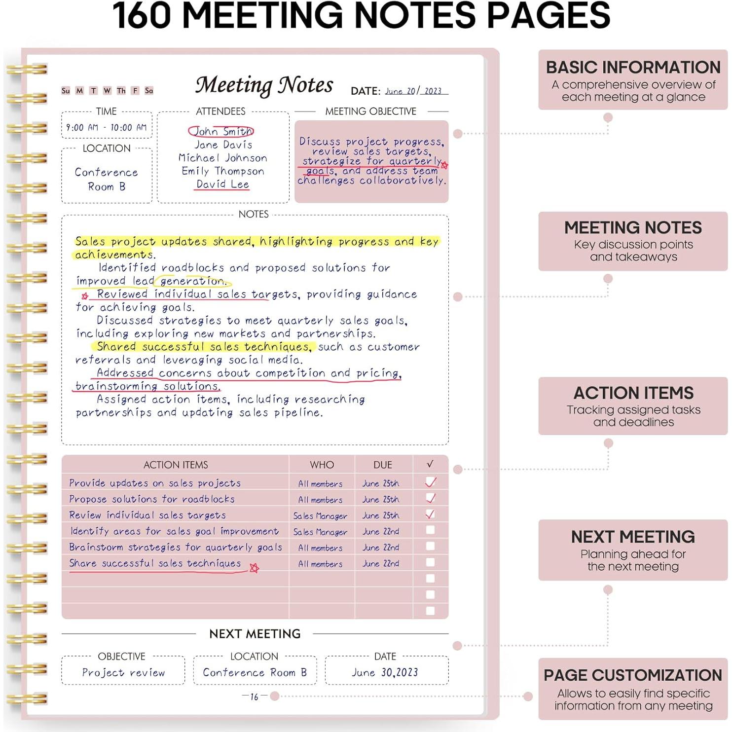 Cuaderno de Reuniones Taja Rosa B5 - 160 Páginas Organizador