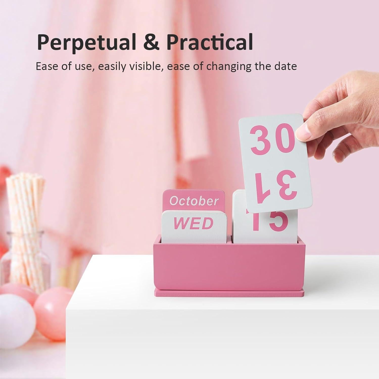 Calendario Perpetuo de Madera DEERINE Rosa para Escritorio