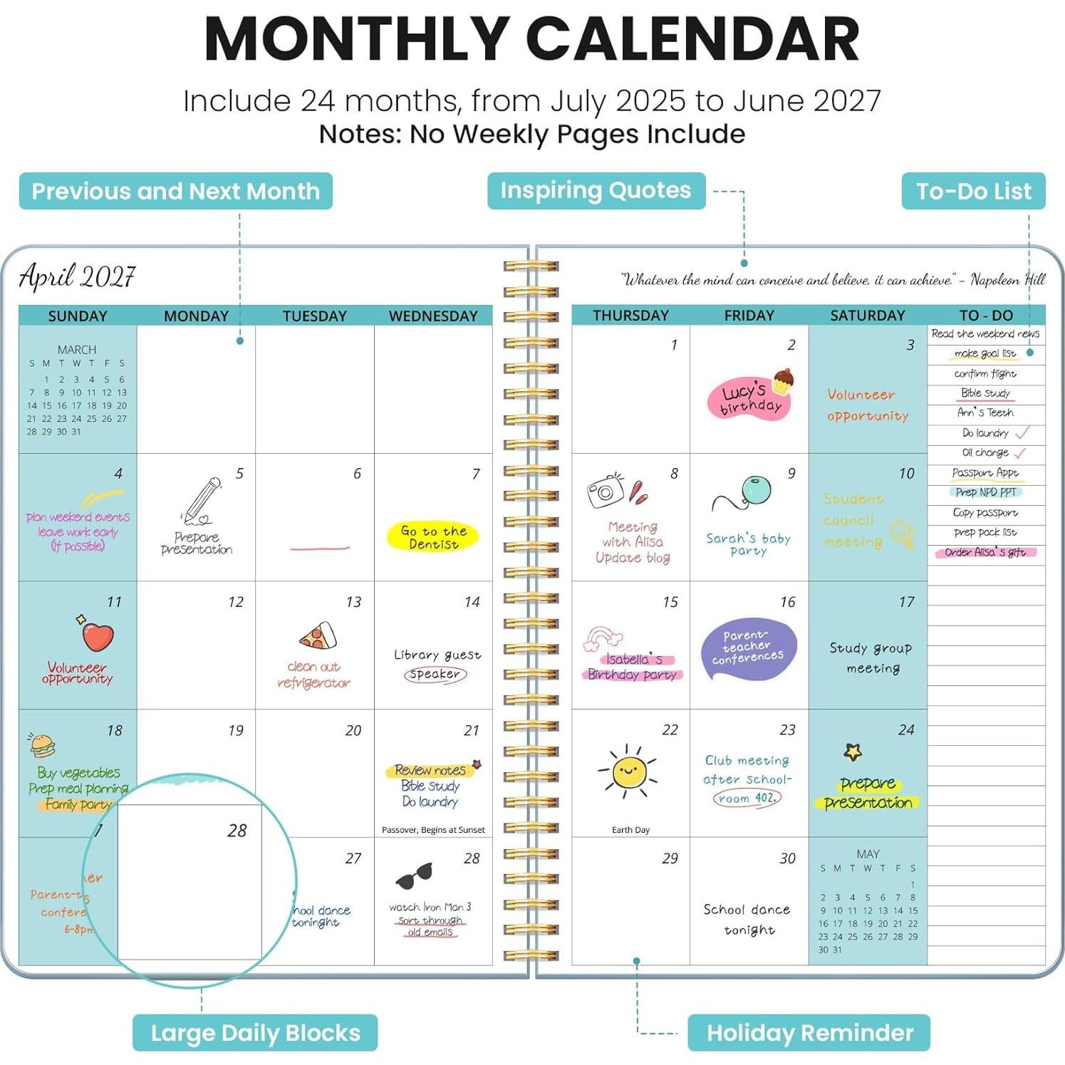 Planificador Mensual Taja 2025-2027 24 Meses Azul 25.4x17.8 cm