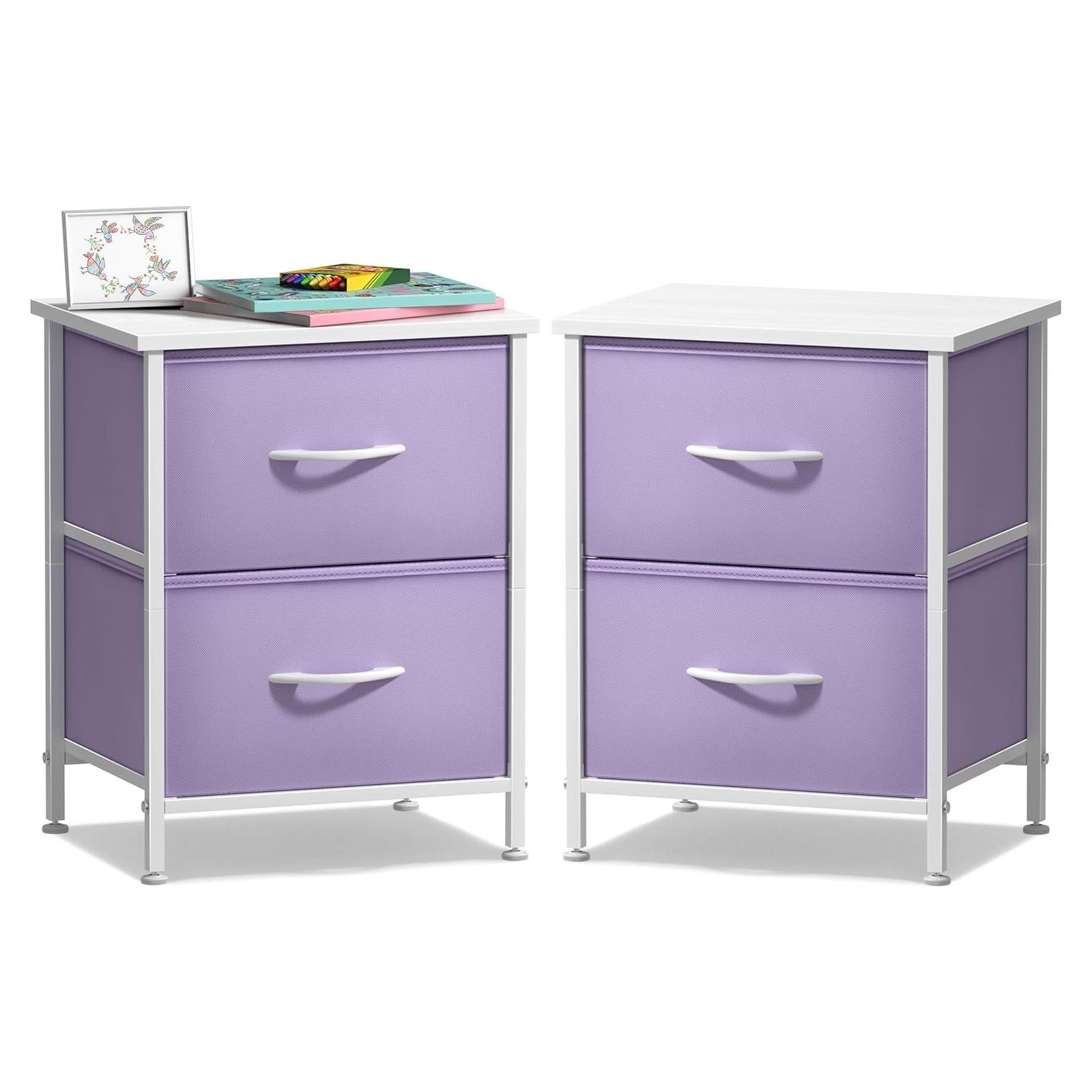 Mesita de Noche Sorbus 2 Cajones - Madera y Tela - Púrpura