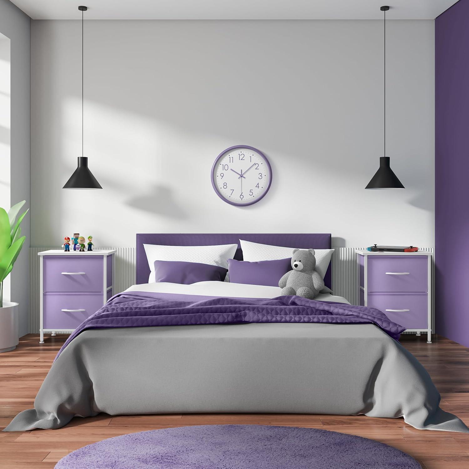 Mesita de Noche Sorbus 2 Cajones - Madera y Tela - Púrpura