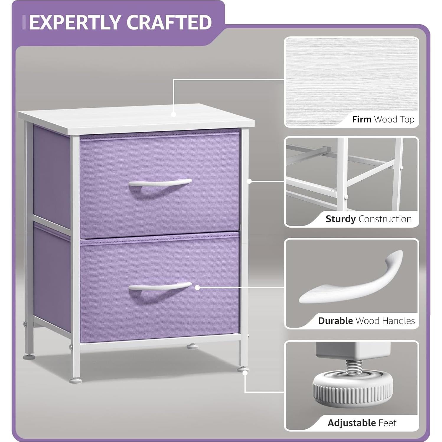 Mesita de Noche Sorbus 2 Cajones - Madera y Tela - Púrpura