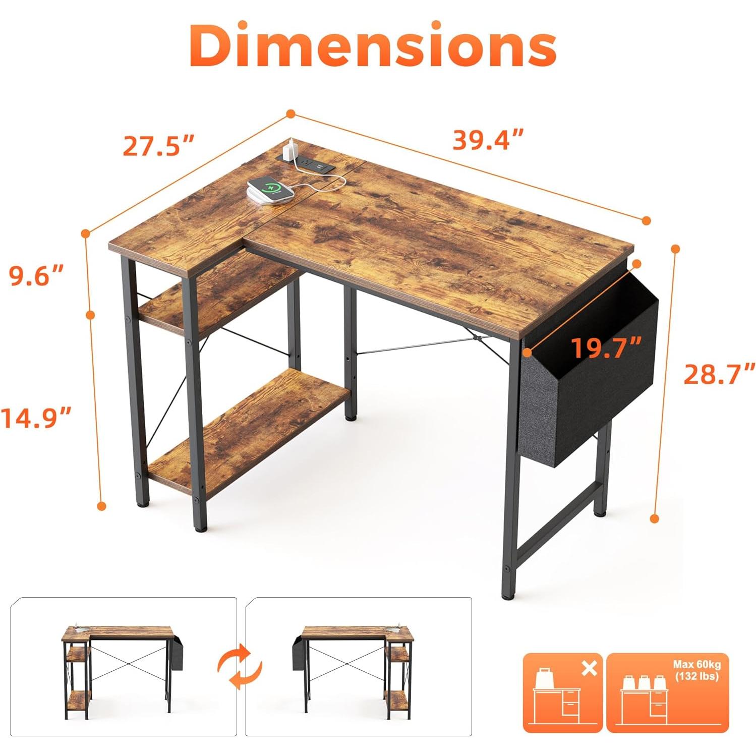 Escritorio en L Mericonia 101.6 cm con tomacorrientes y estantes
