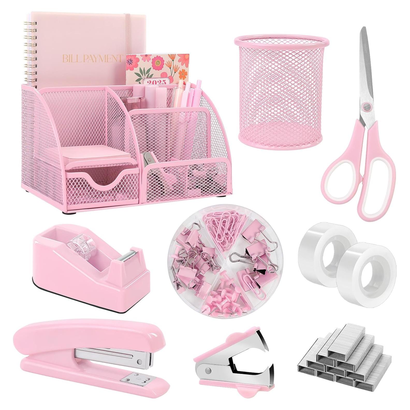 Set de Accesorios de Escritorio SKYDUE Rosa con Grapadora y Cinta
