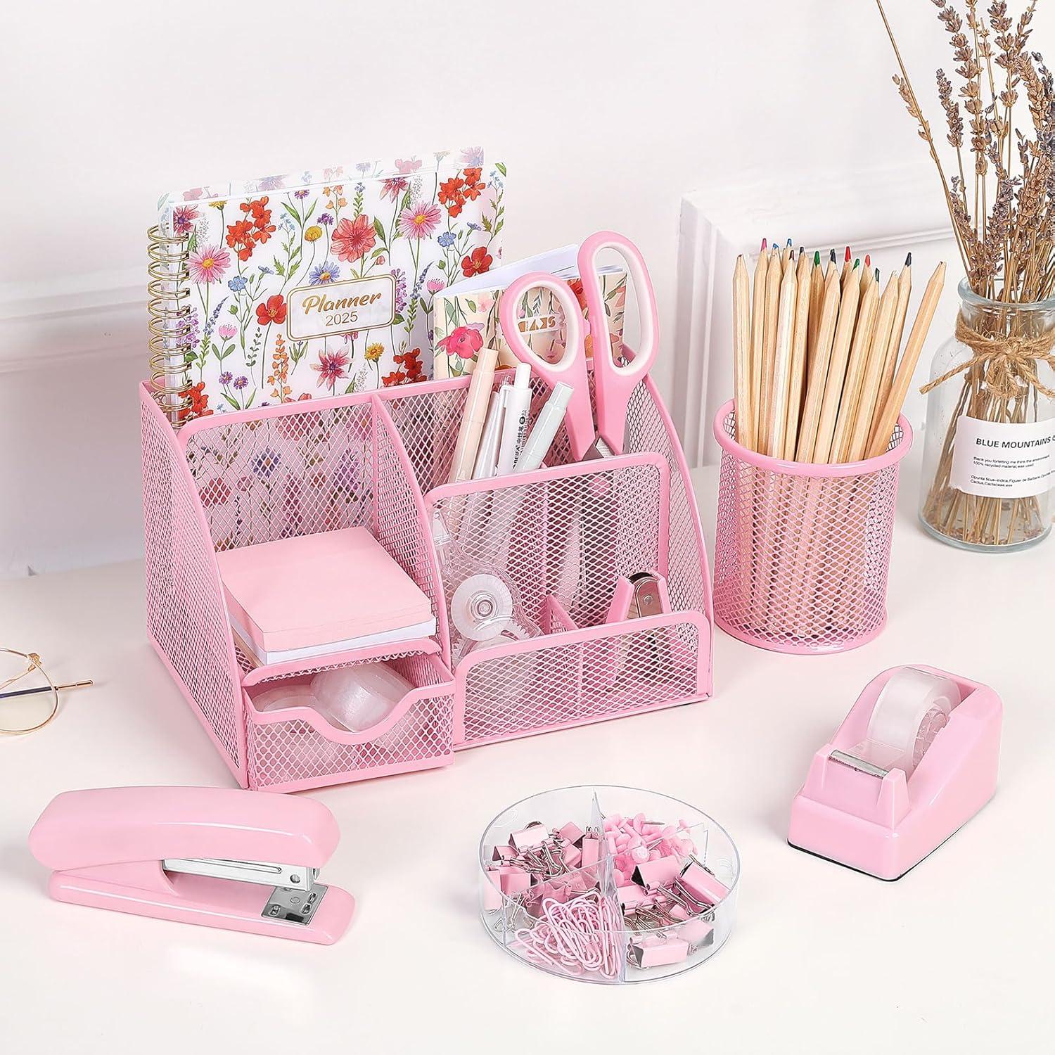 Set de Accesorios de Escritorio SKYDUE Rosa con Grapadora y Cinta