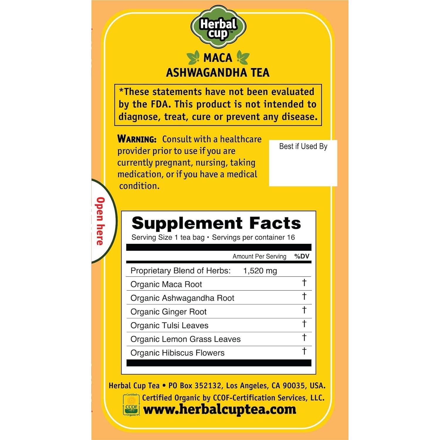 Té Herbal Cup Maca y Ashwagandha Orgánico Sin Cafeína 16 Bolsitas