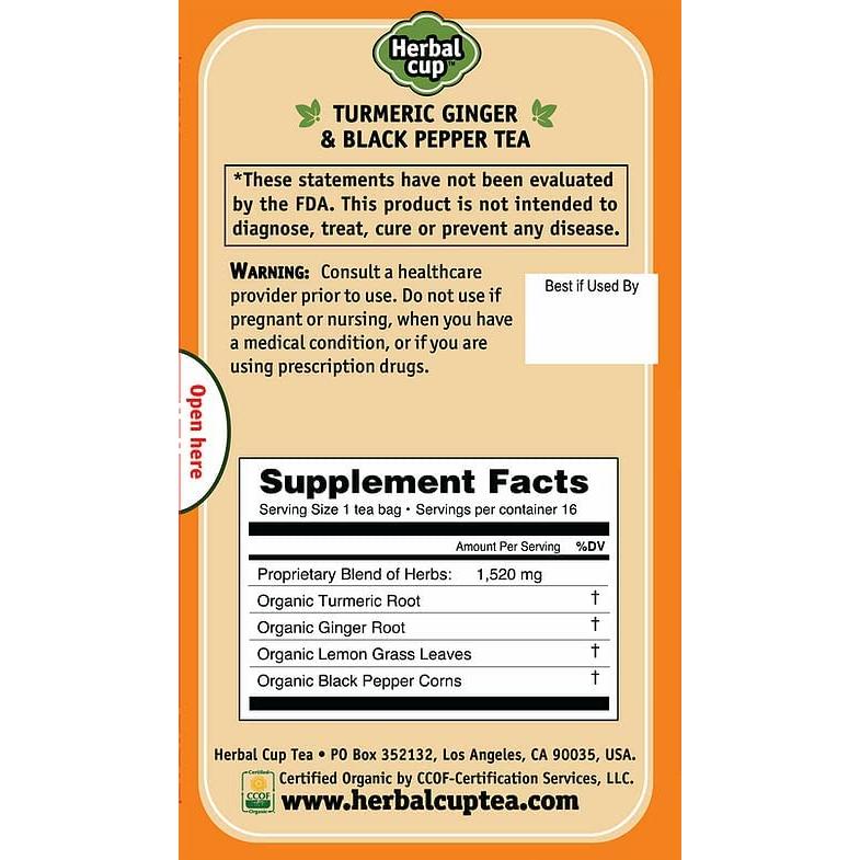 Té de Cúrcuma Orgánica Herbal Cup con Jengibre y Pimienta Negra - 16 Bolsitas