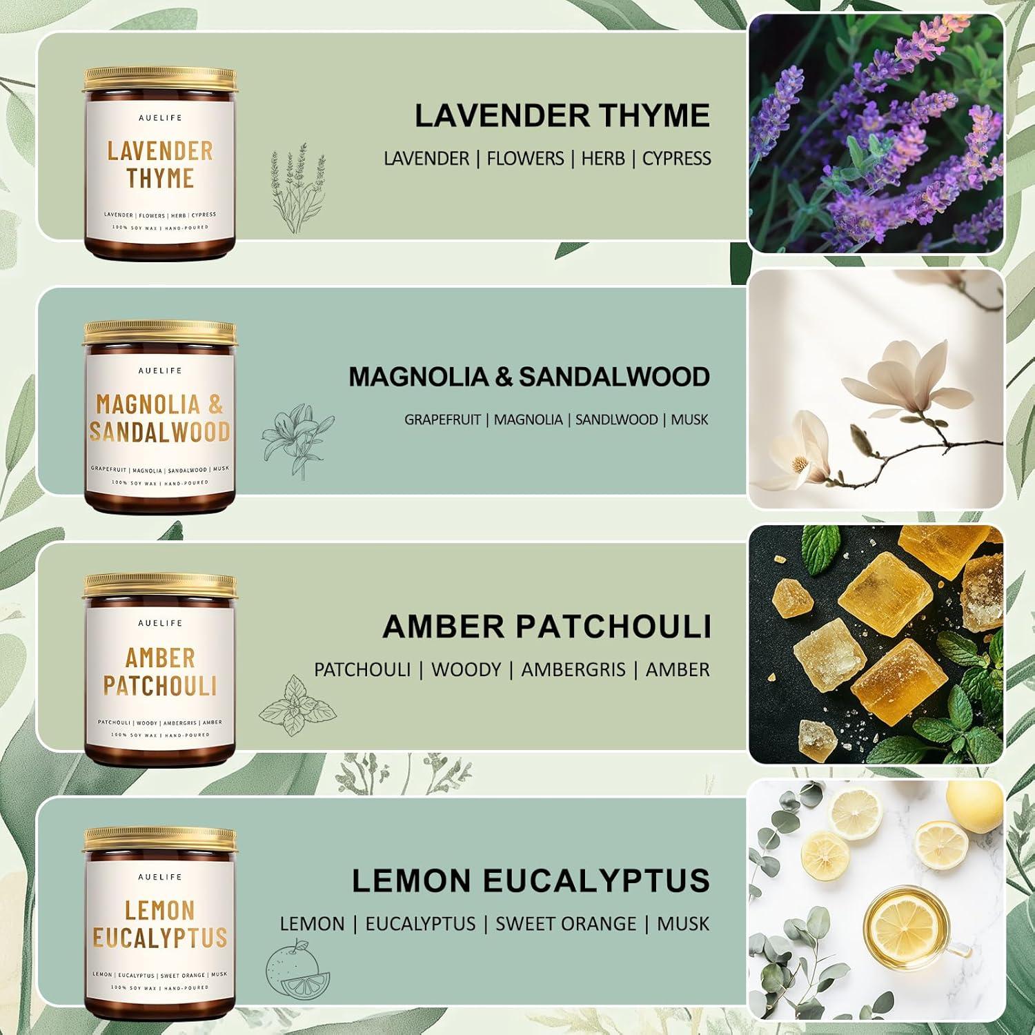 Juego de 4 Velas Aromáticas Auelife - Soja, Lavanda, Eucalipto, Sándalo, Pachulí