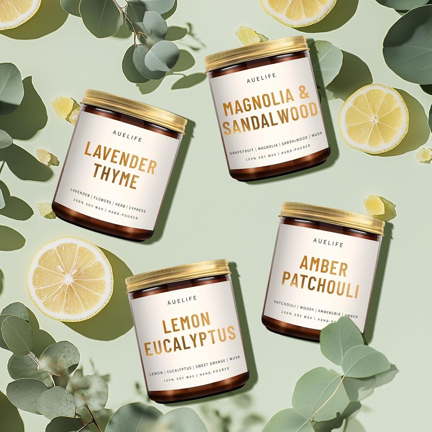 Juego de 4 Velas Aromáticas Auelife - Soja, Lavanda, Eucalipto, Sándalo, Pachulí