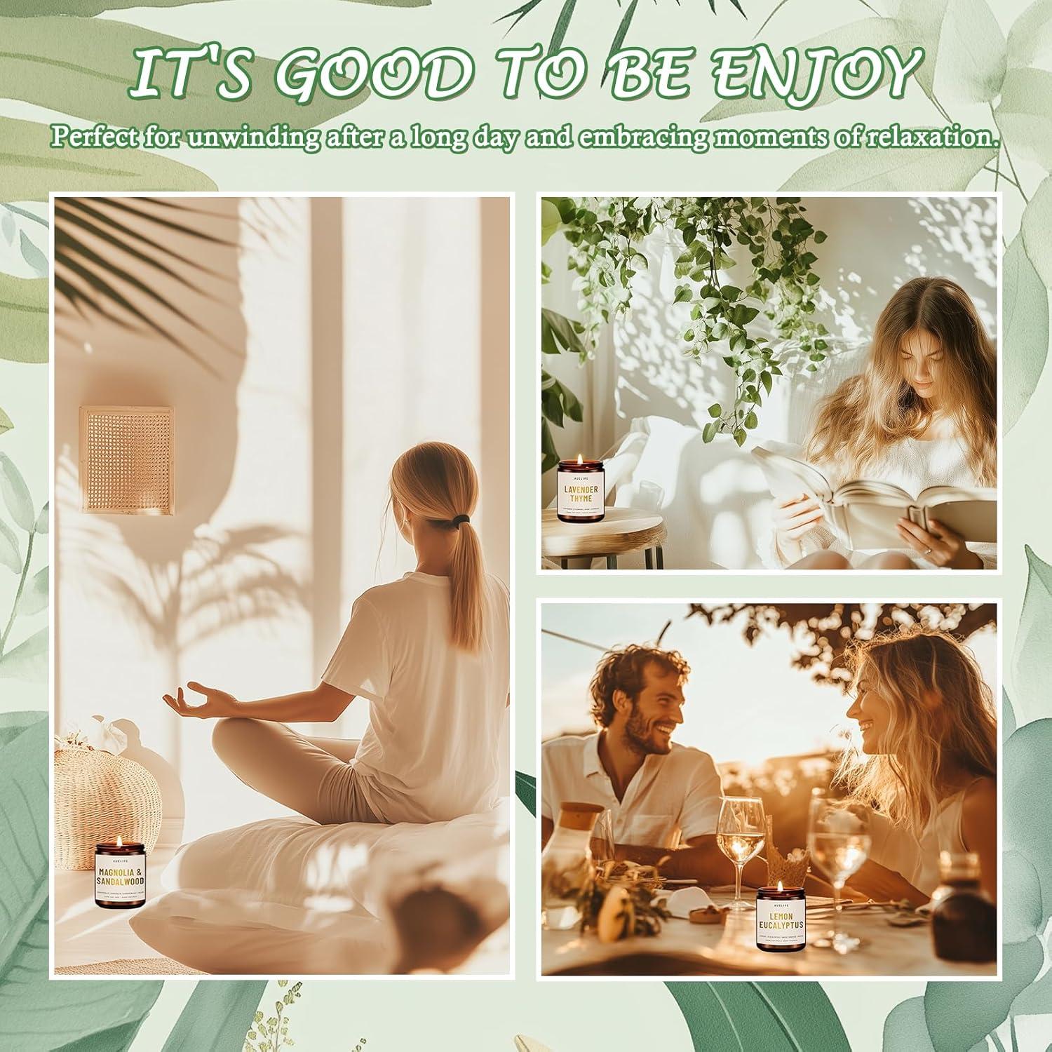 Juego de 4 Velas Aromáticas Auelife - Soja, Lavanda, Eucalipto, Sándalo, Pachulí