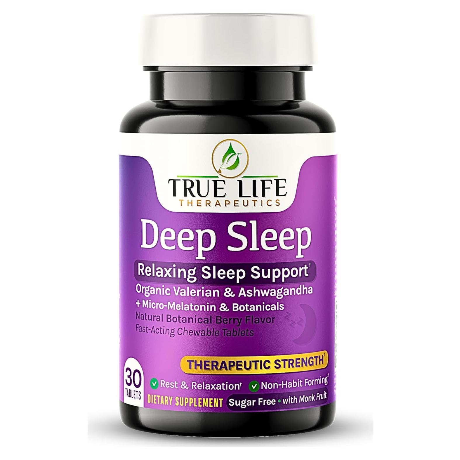 Tabletas Masticables para Dormir True Life - Raíz de Valeriana, Ashwagandha, Melatonina - 30ct