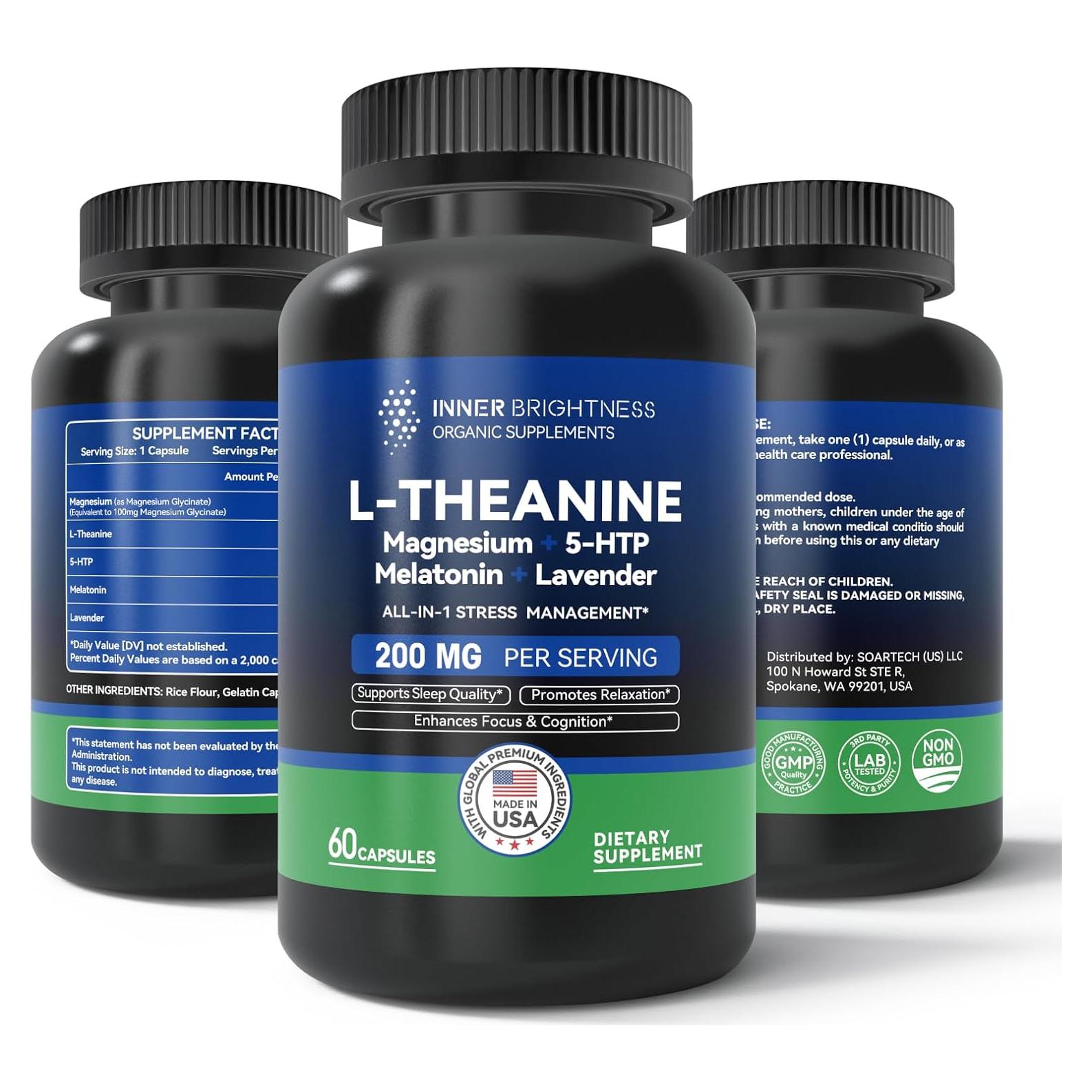 Suplemento L-Teanina 200mg + Magnesio + 5-HTP + Melatonina - 60 Cápsulas