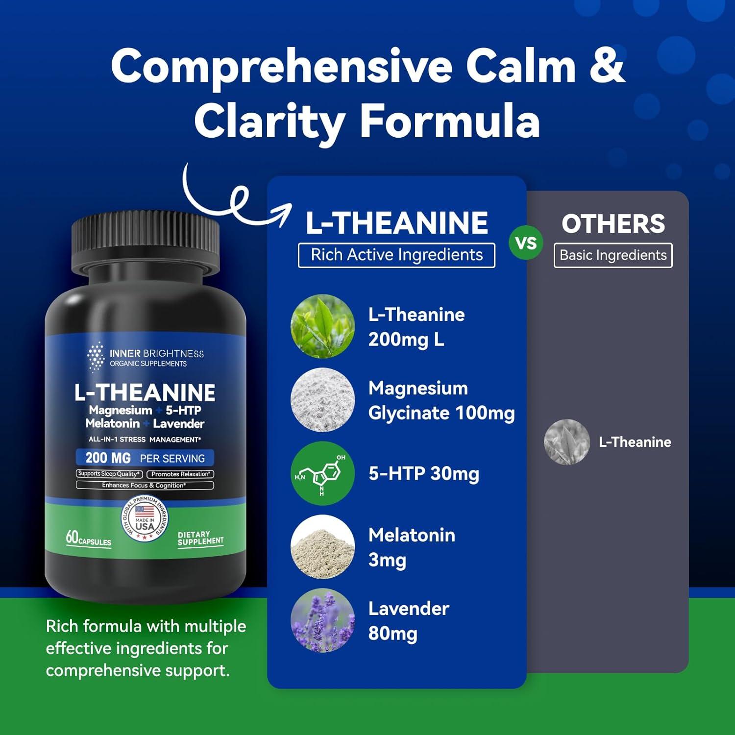 Suplemento L-Teanina 200mg + Magnesio + 5-HTP + Melatonina - 60 Cápsulas