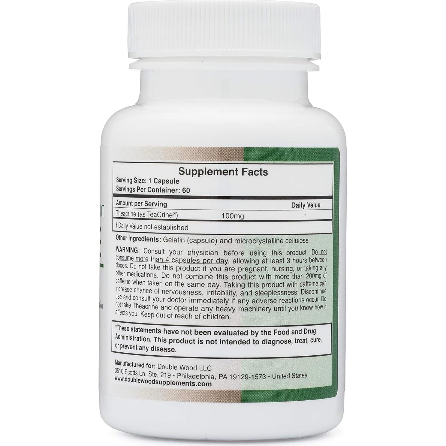 Teacrina 100 mg Double Wood 60 Cápsulas Energía y Enfoque