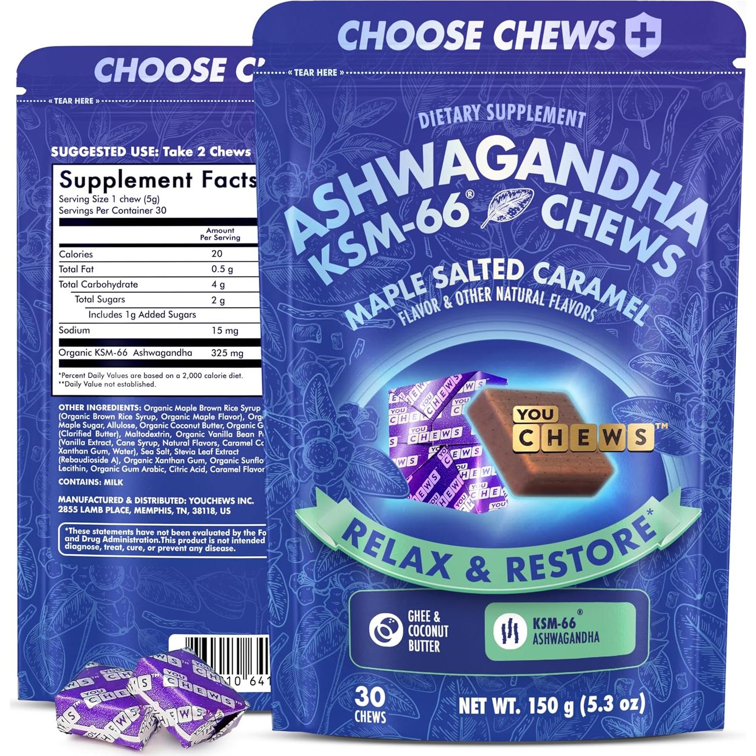 Caramelos de Ashwagandha KSM-66 YouChews 30 Unidades Sabor Caramelo