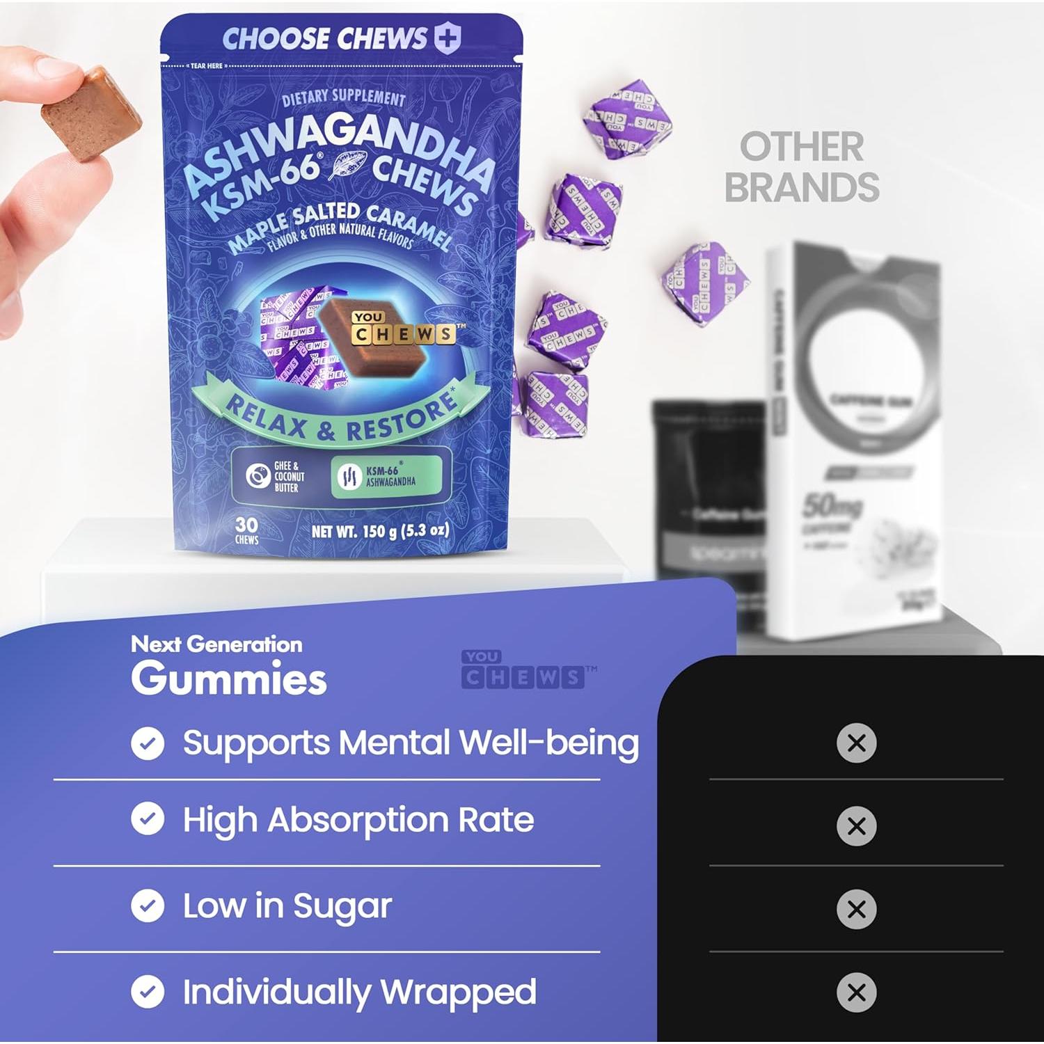 Caramelos de Ashwagandha KSM-66 YouChews 30 Unidades Sabor Caramelo