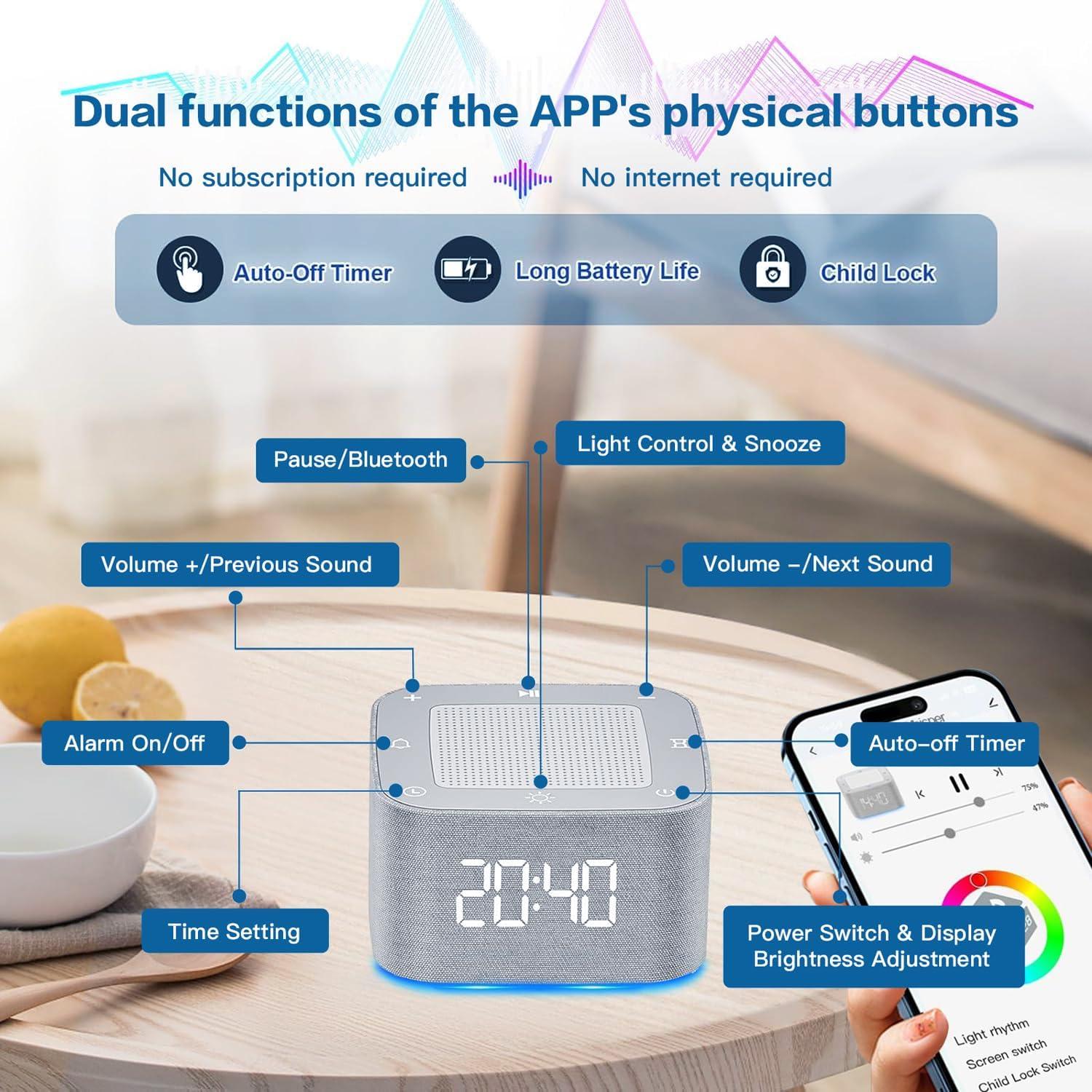 Máquina de Sonido Blanco PLJVOYK con Reloj Despertador y Bluetooth