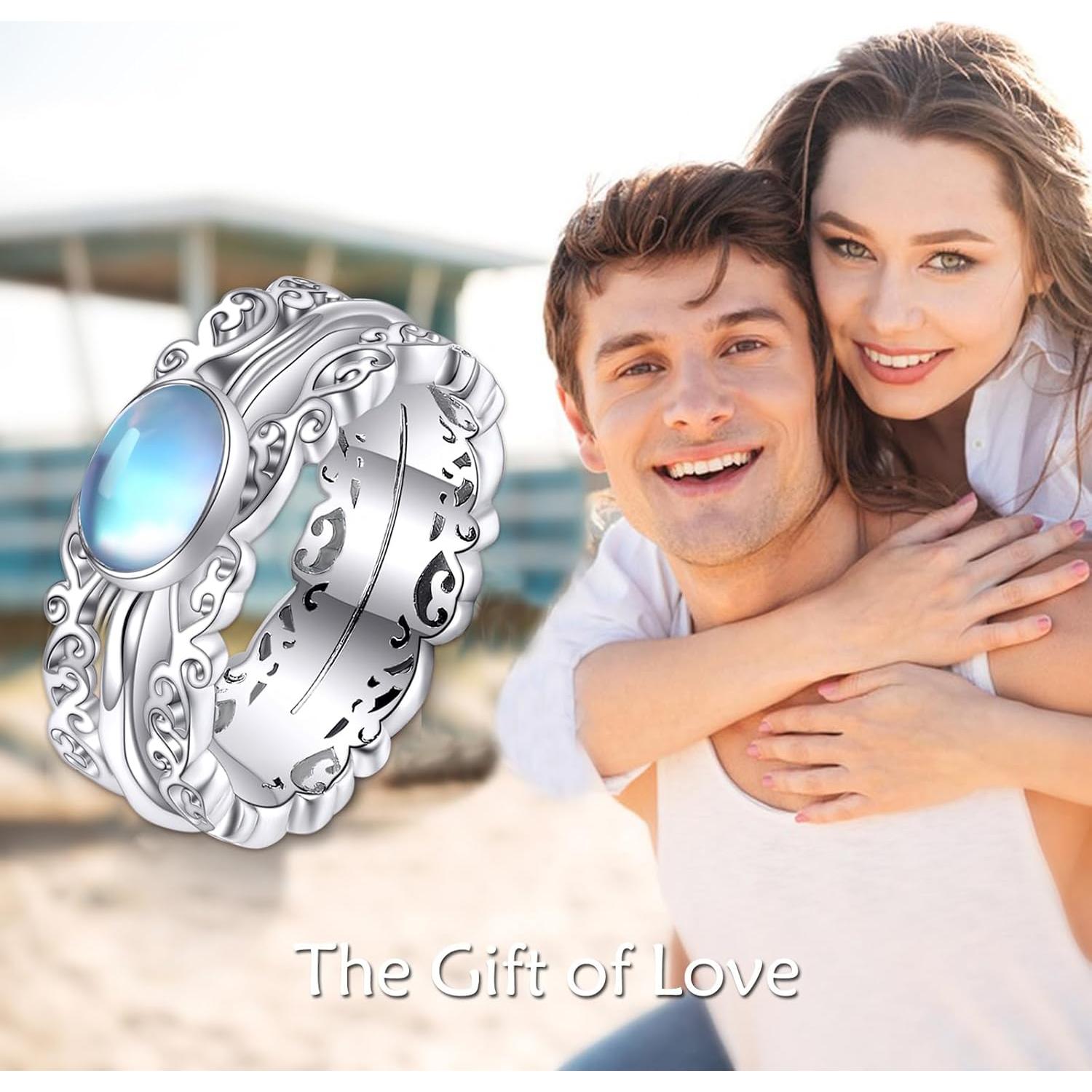 Anillo Antiestrés de Piedra Lunar 925 Plata Esterlina 7#