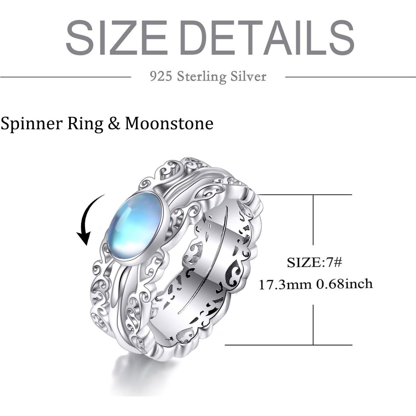 Anillo Antiestrés de Piedra Lunar 925 Plata Esterlina 7#