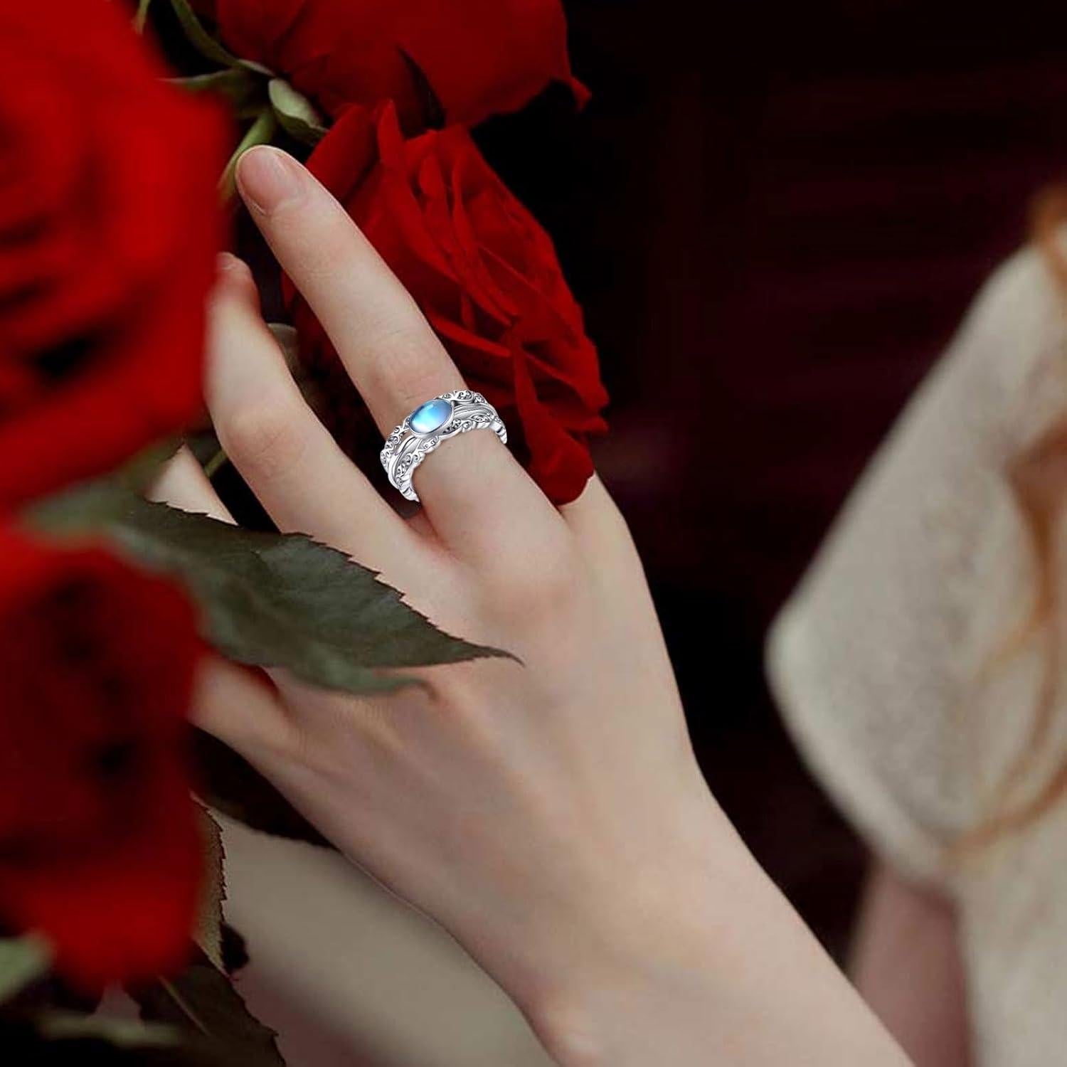 Anillo Antiestrés de Piedra Lunar 925 Plata Esterlina 7#