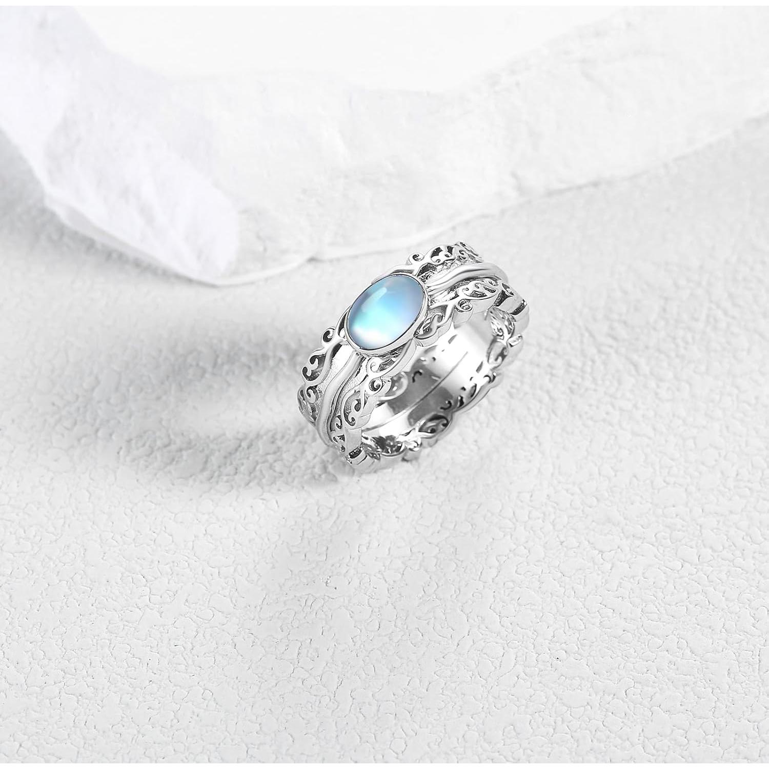 Anillo Antiestrés de Piedra Lunar 925 Plata Esterlina 7#