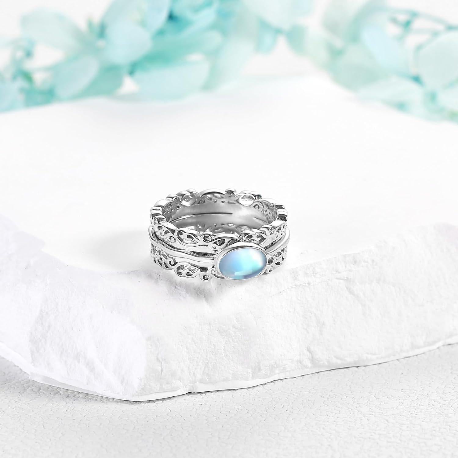 Anillo Antiestrés de Piedra Lunar 925 Plata Esterlina 7#